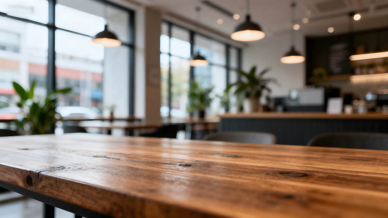 咖啡馆内木桌特写图片