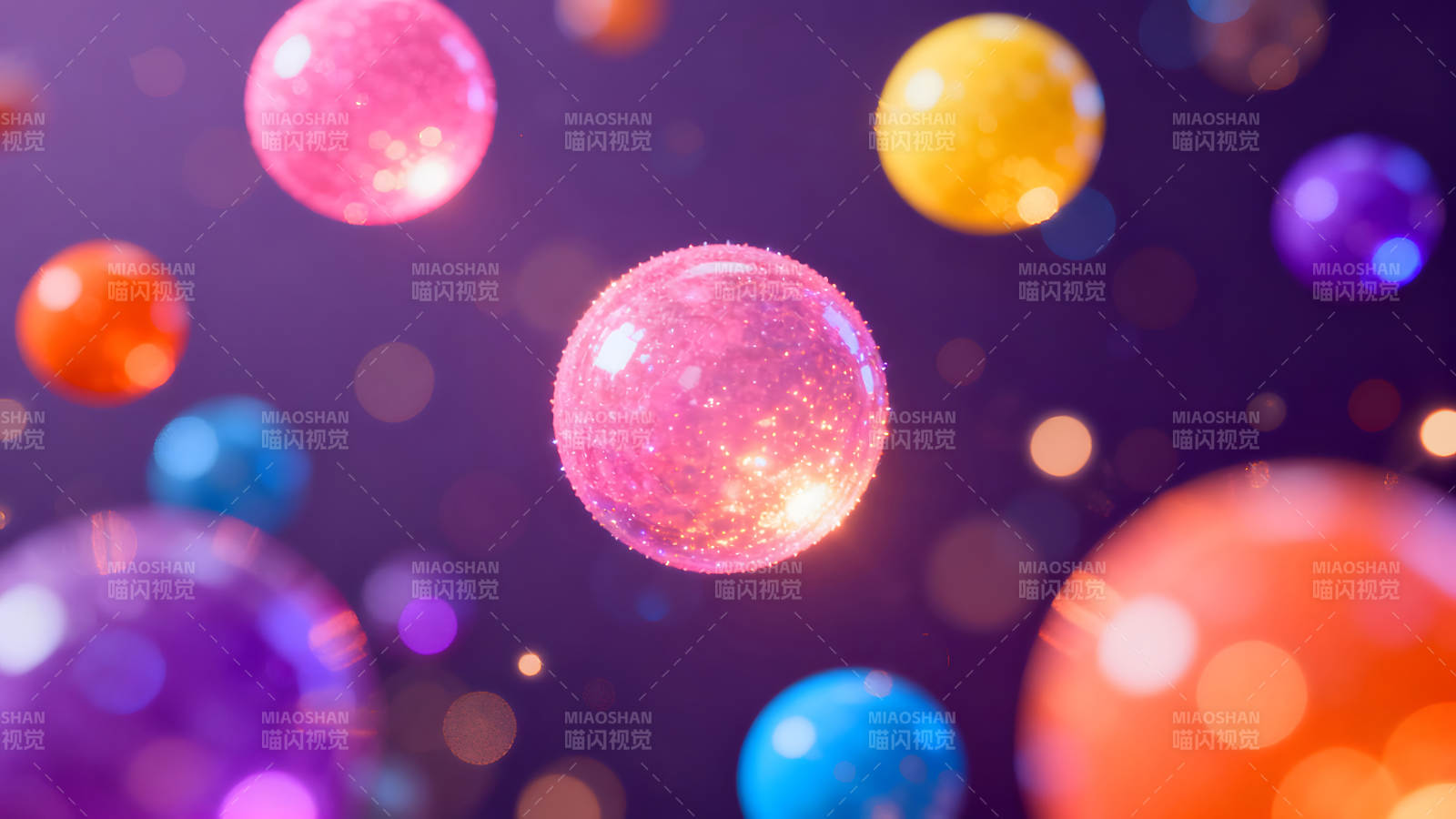 多彩气泡悬浮于深紫色背景图片