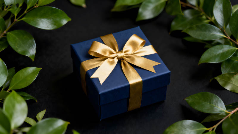 蓝礼盒金色丝带装饰配绿叶图片