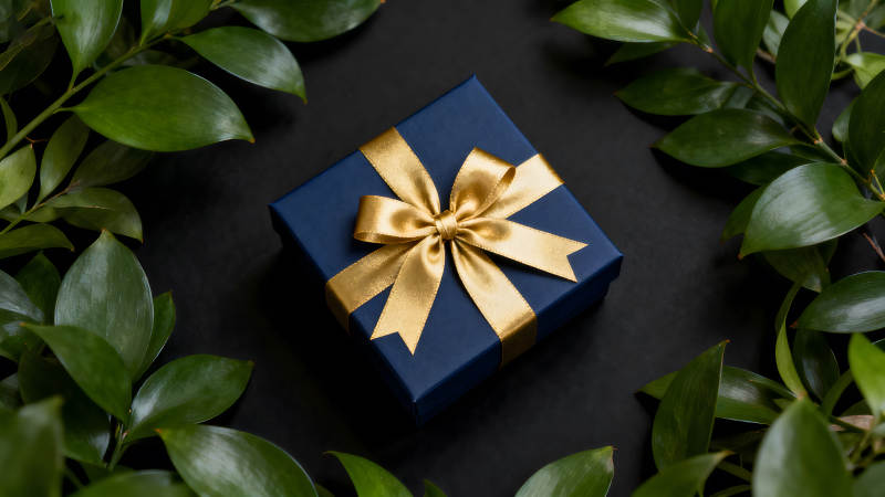 蓝色礼盒配金色蝴蝶结与绿叶图片