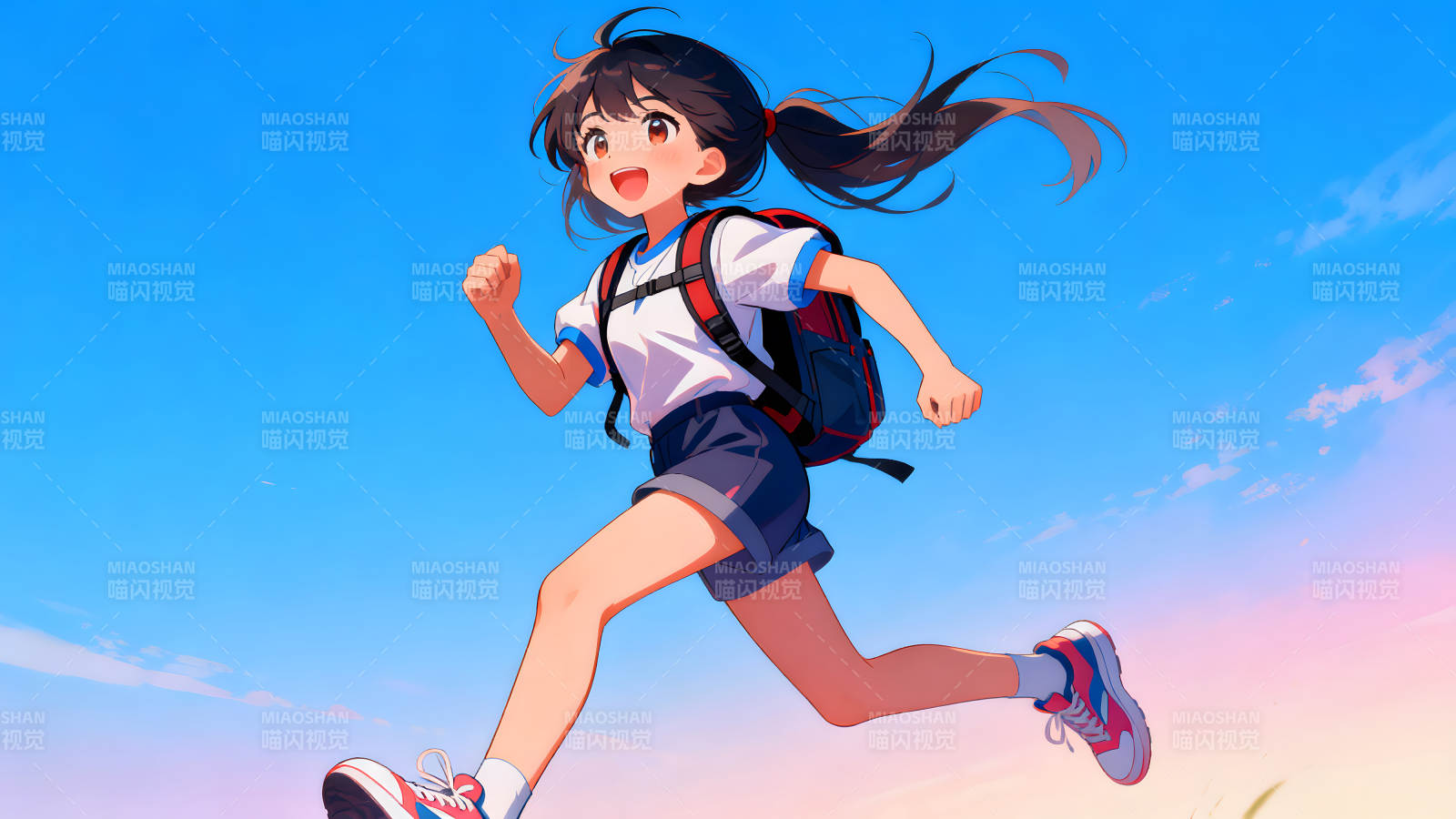 少女奔跑于蓝天之下活力满满图片