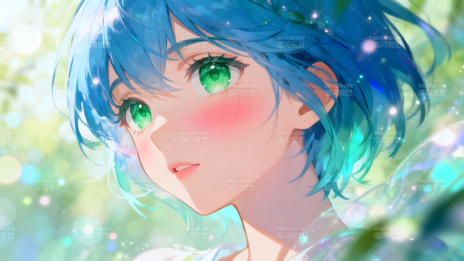 动漫女孩蓝色头发绿色眼睛图片