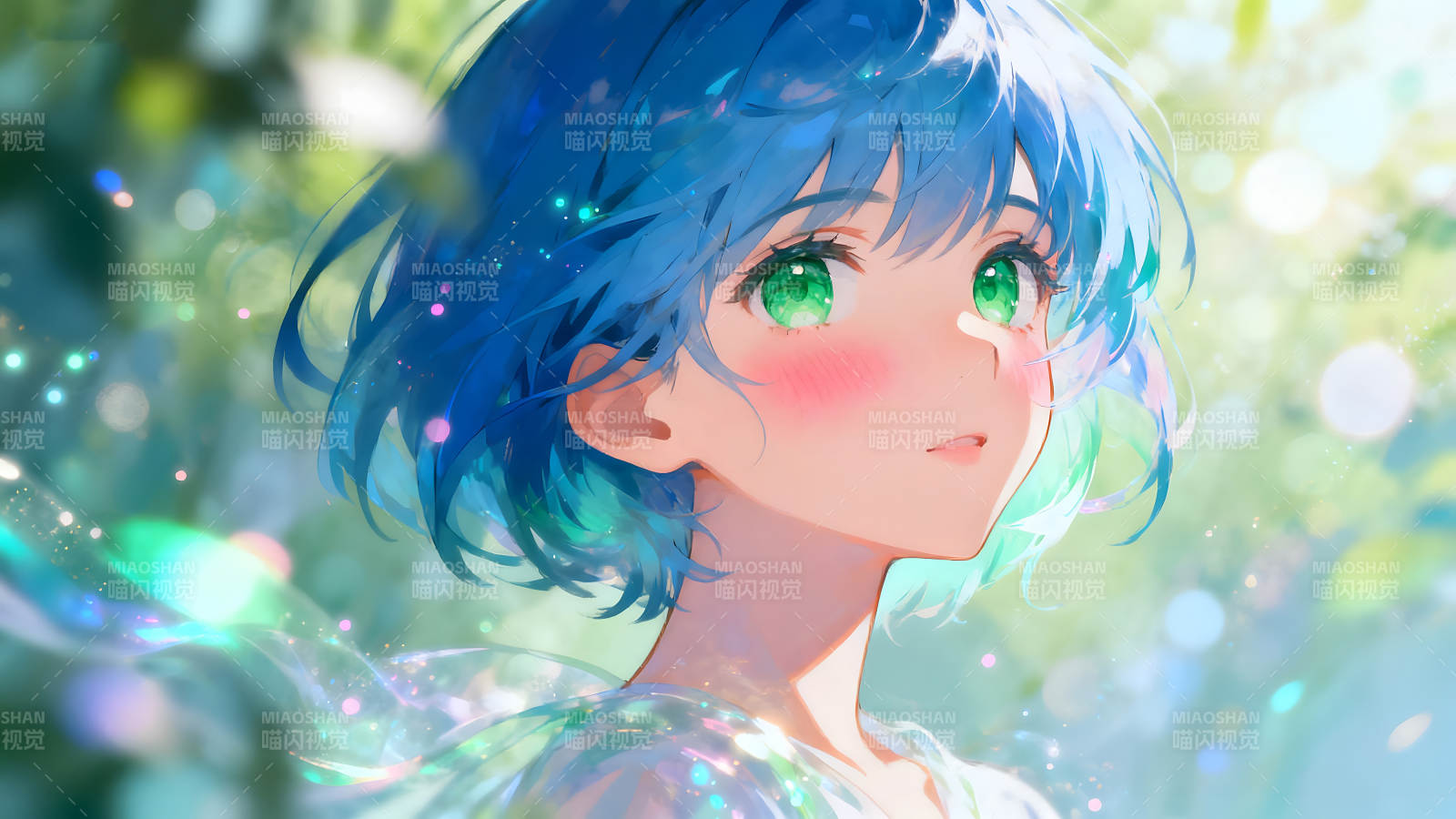 动漫少女蓝发绿眸清新唯美图片