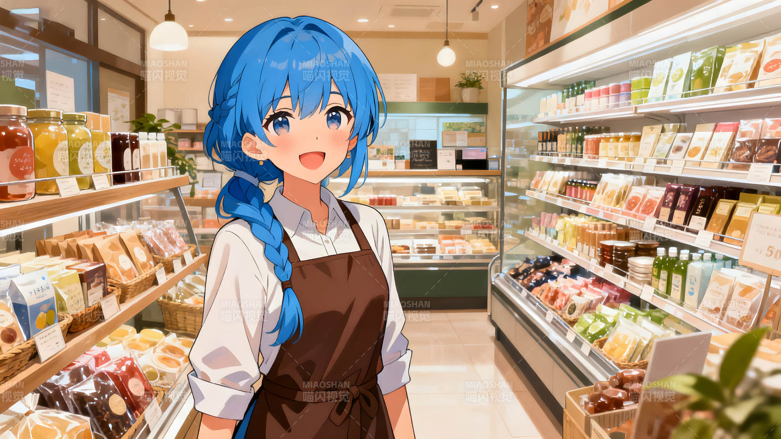 动漫女孩在商店里微笑图片