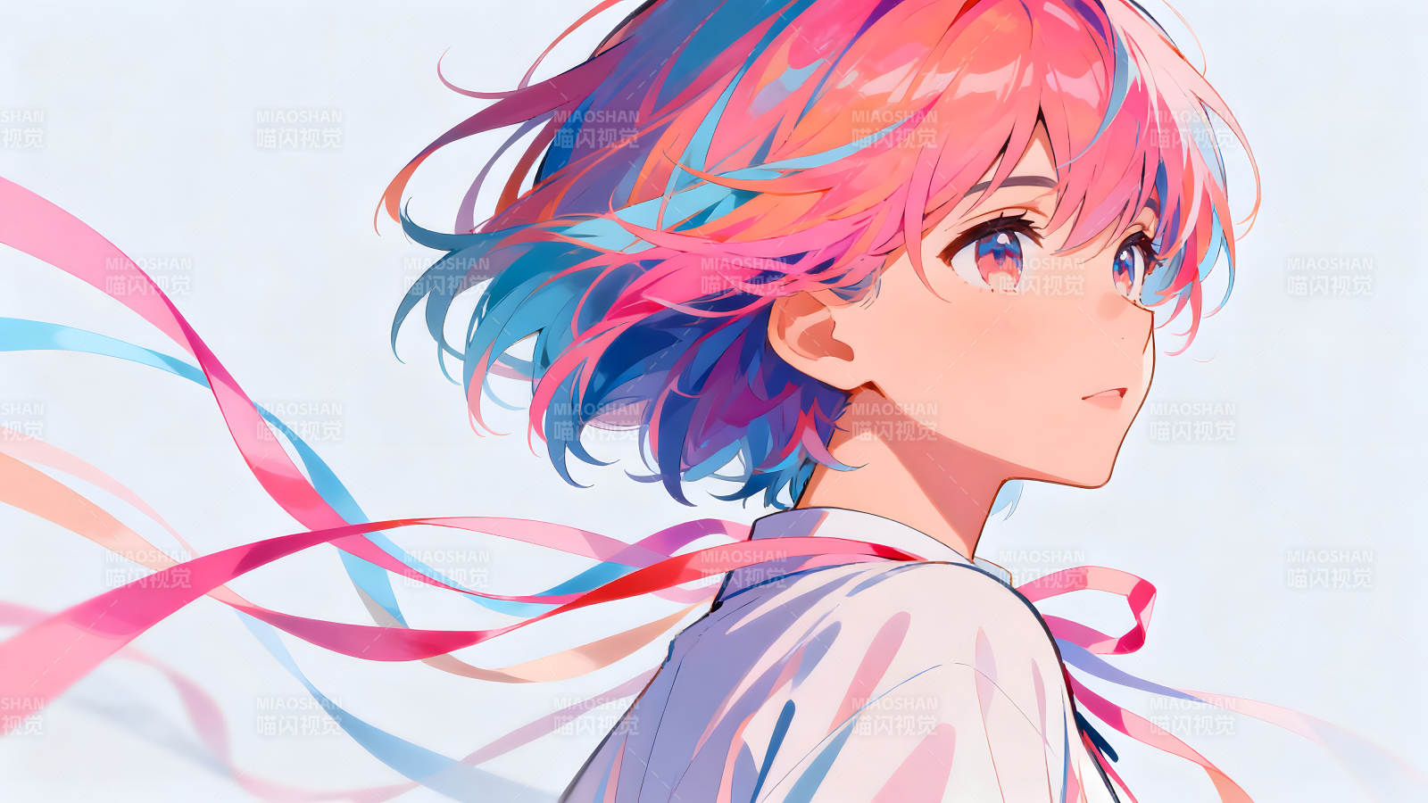 动漫少女彩色头发眼神专注图片