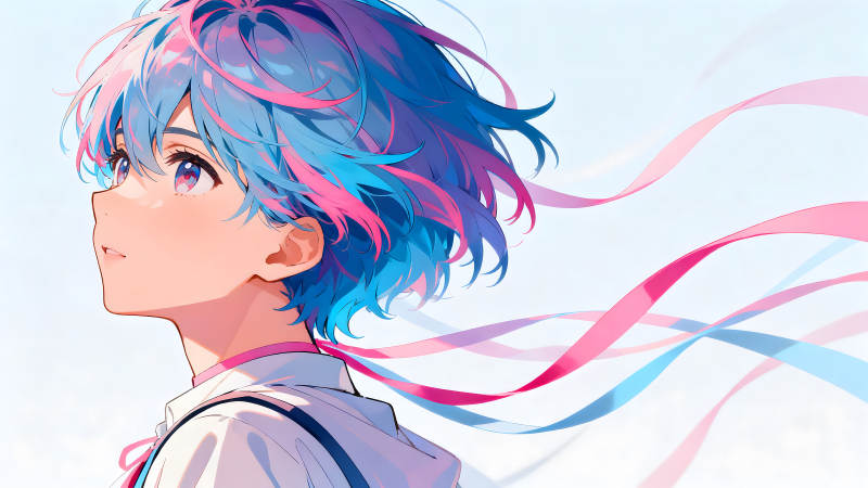 动漫人物仰望天空彩色头发飘带图片