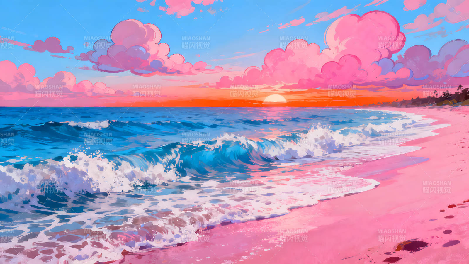 粉色沙滩日落海景图图片