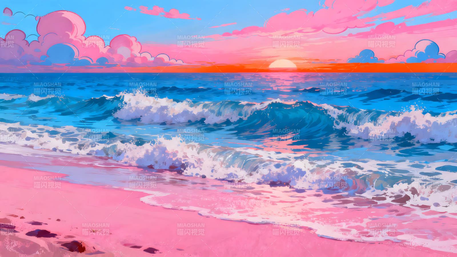 粉色沙滩唯美夕阳下的海浪图片