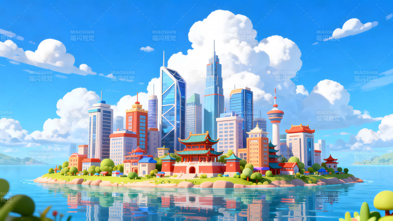 卡通城市风景蓝天白云映衬建筑图片