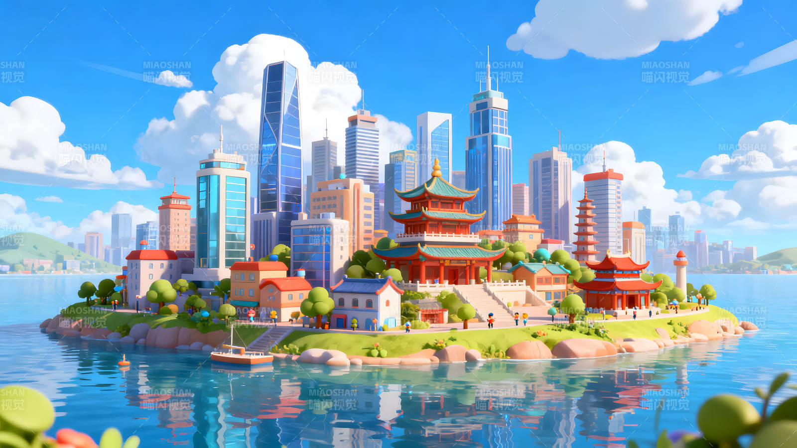 卡通城市海岛风光图片