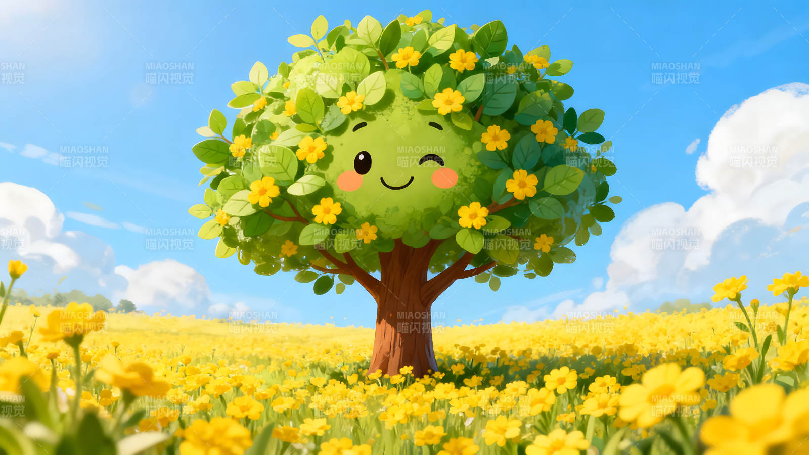 可爱卡通树在花海中微笑图片