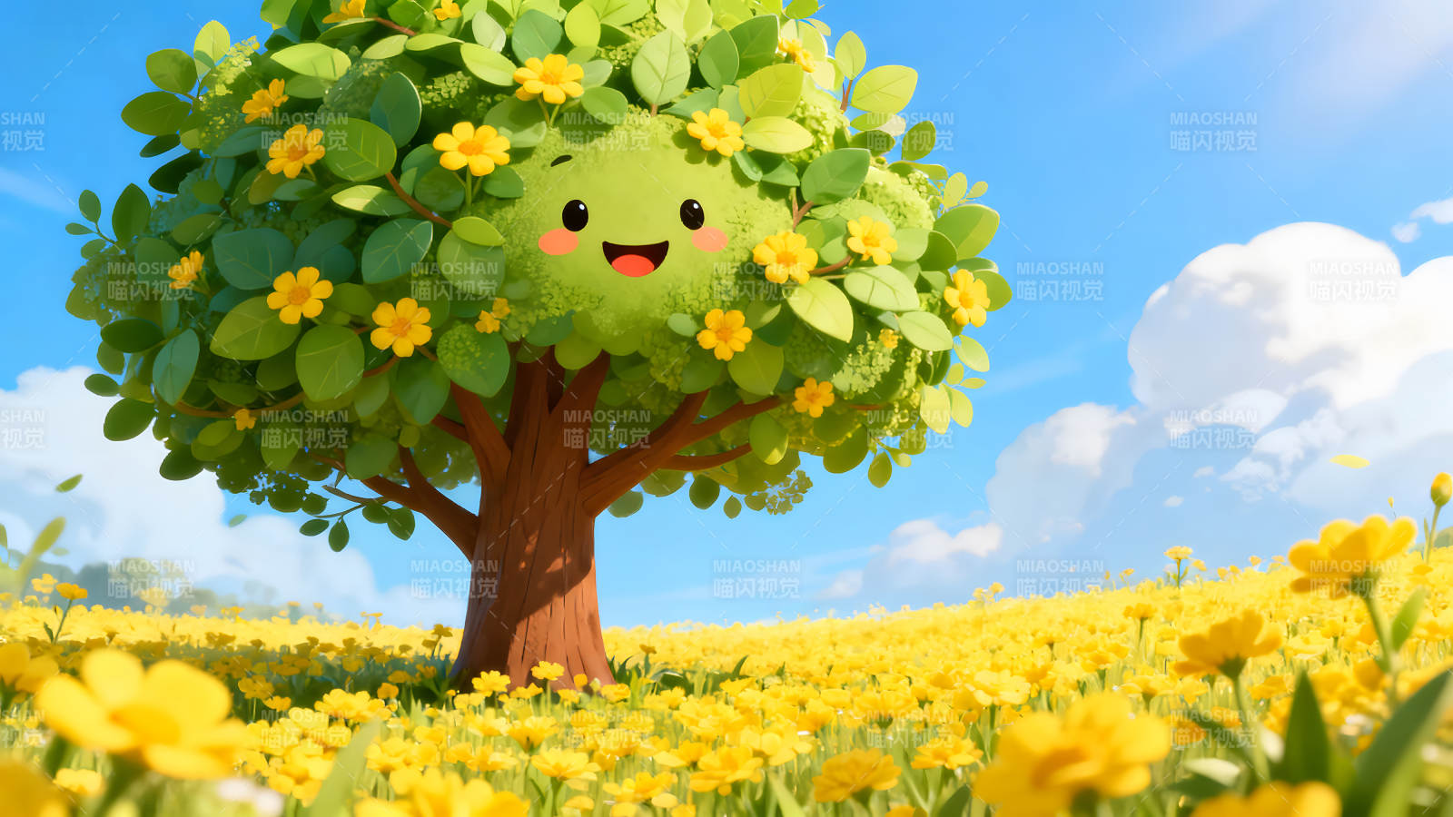 快乐的树在阳光明媚的田野里图片