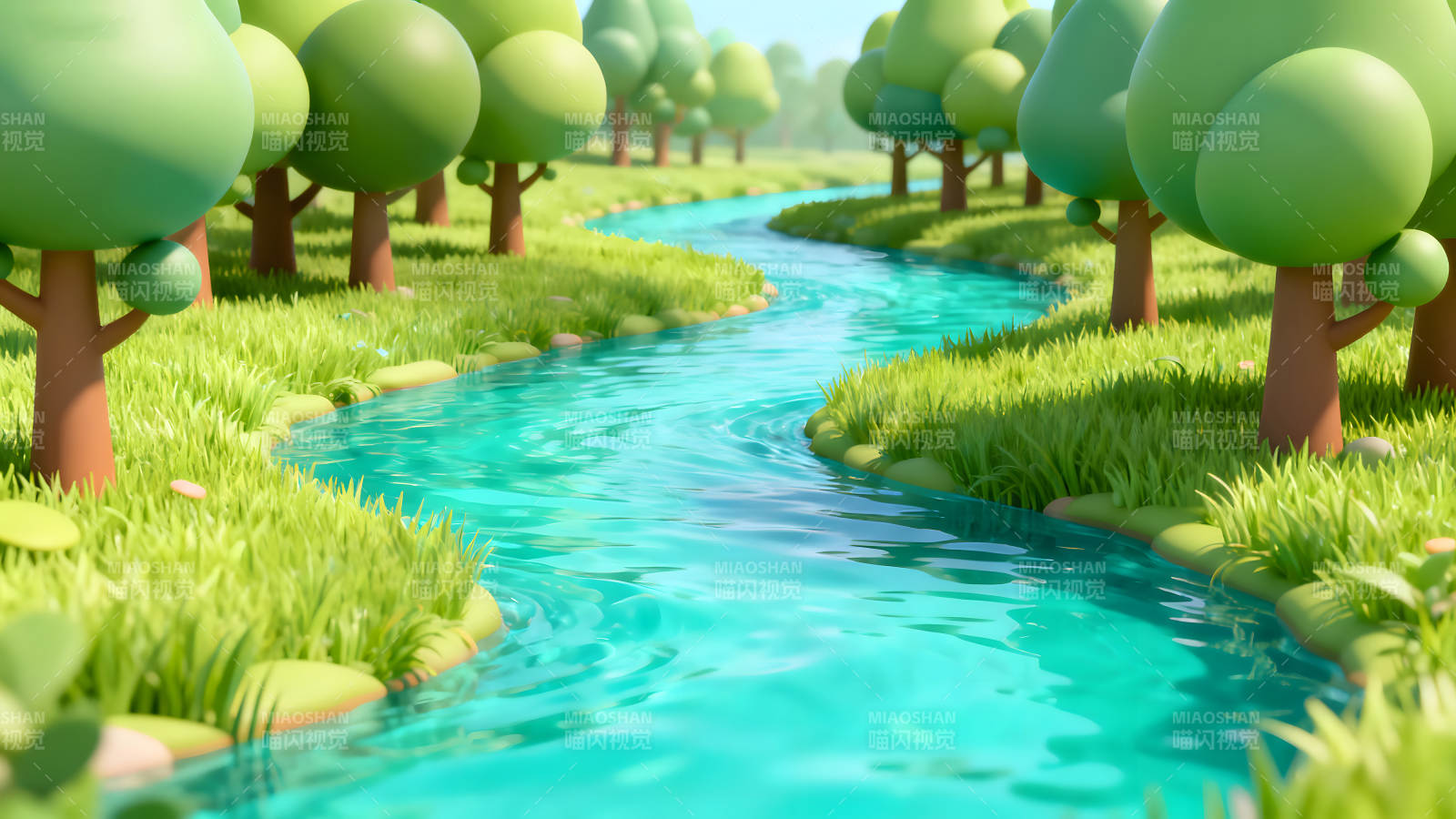 卡通风格的河流穿过森林图片