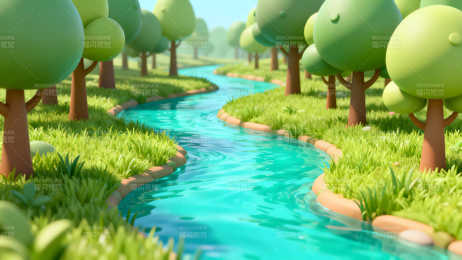 卡通风格的河流与树木场景图片