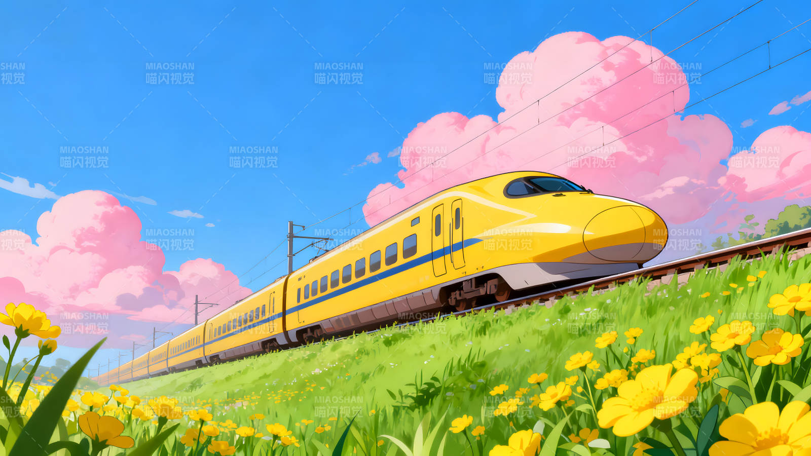 明媚阳光下的黄色列车图片