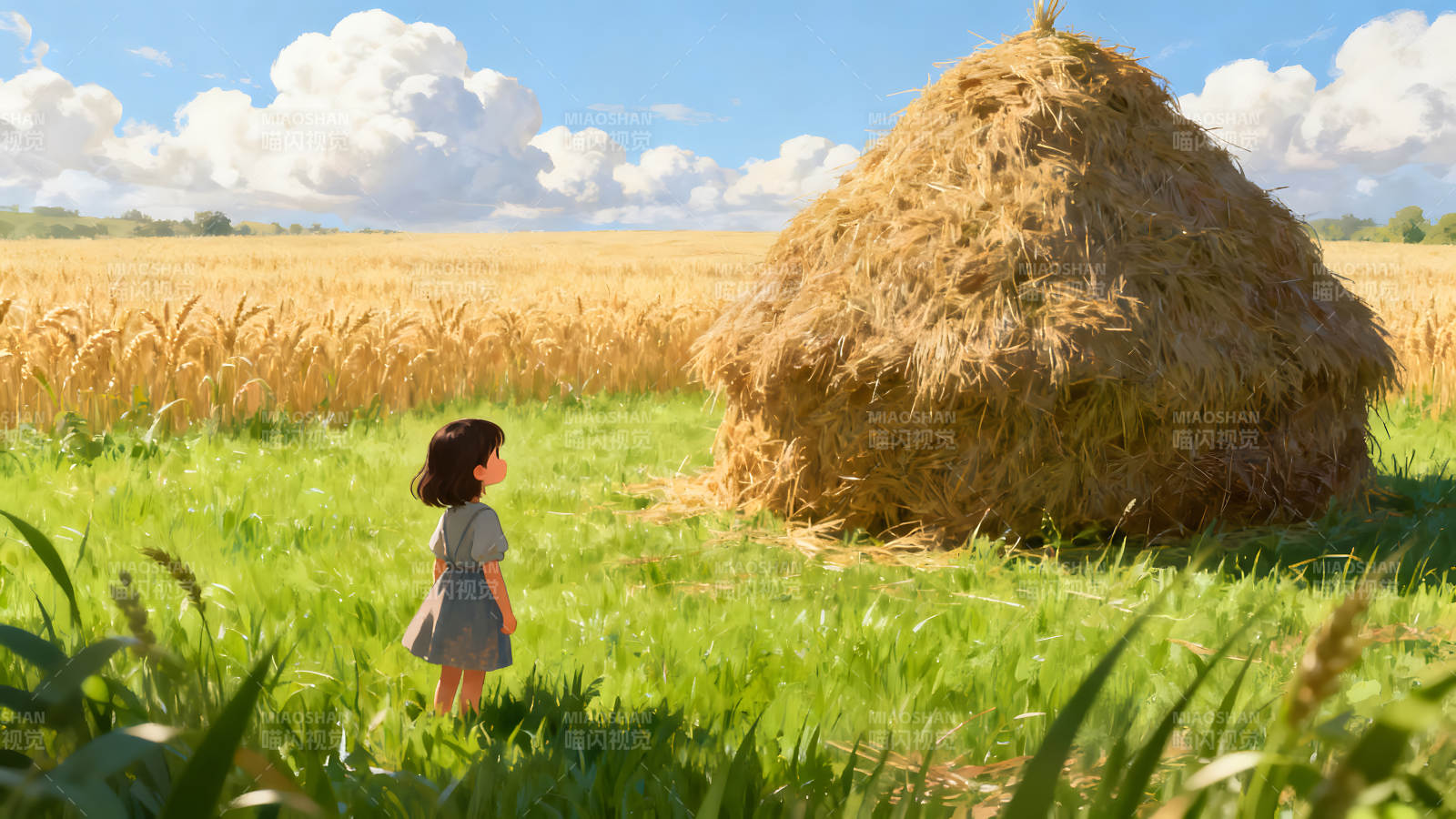 田野女孩稻草垛图片