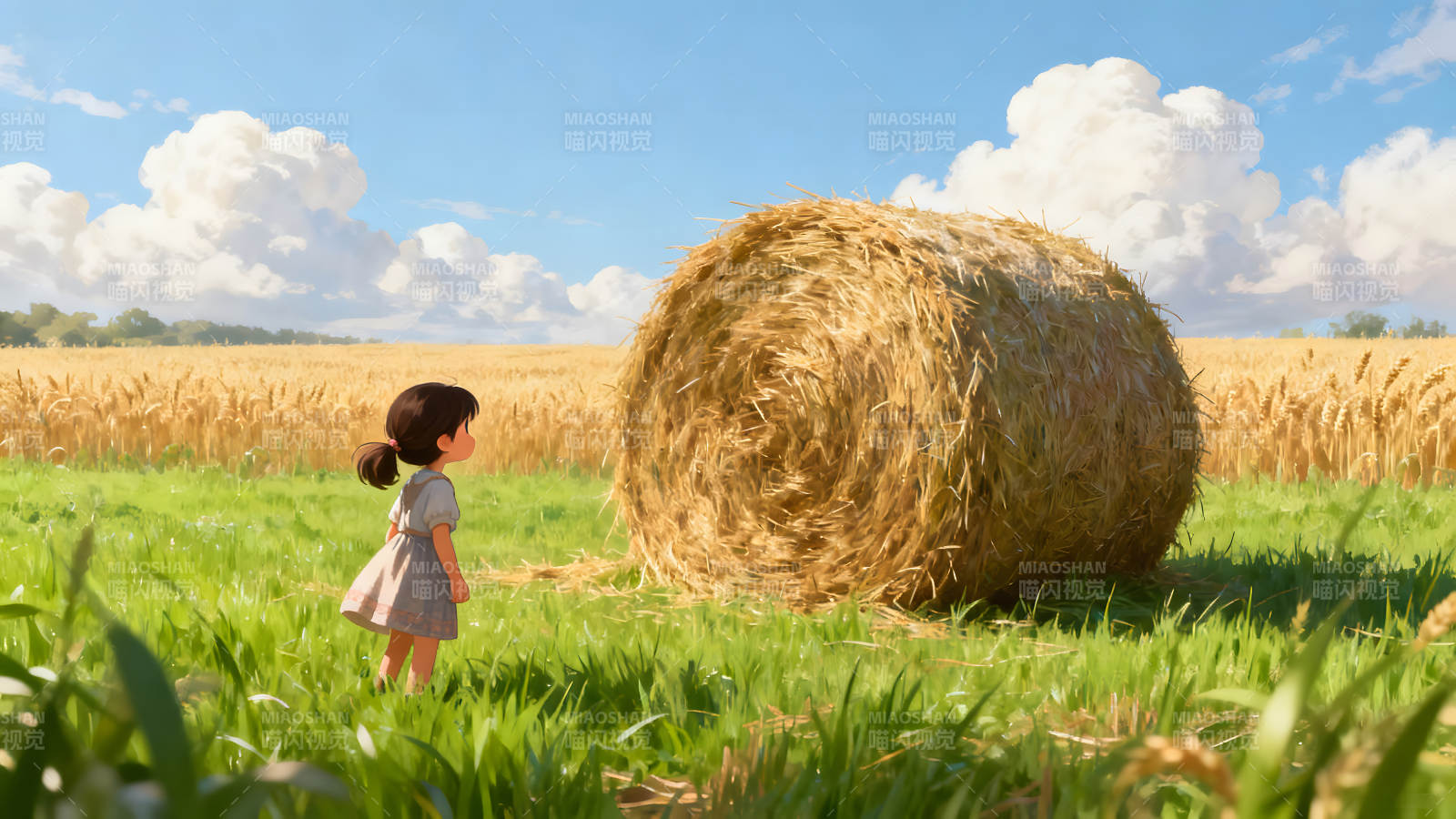 田野女孩观望稻草垛图片