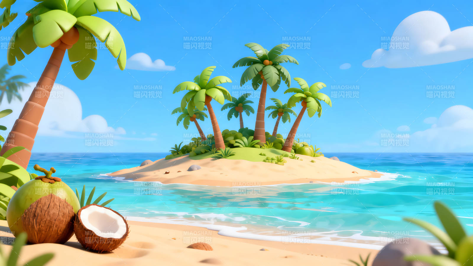 卡通小岛椰树海滩风景图片