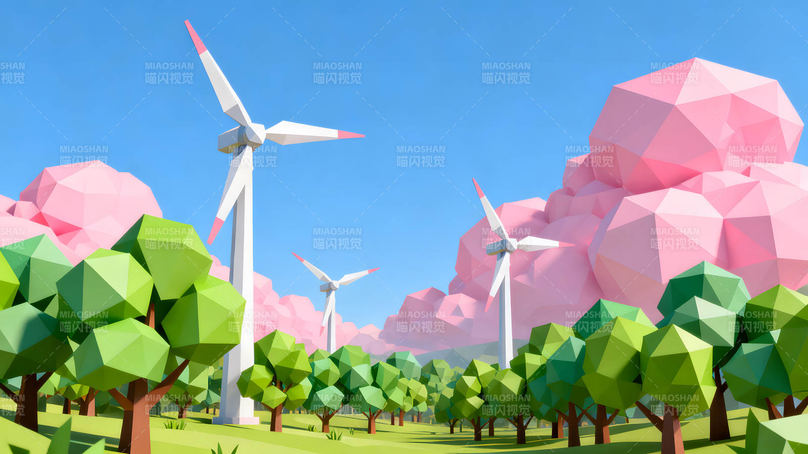 风车森林粉色云朵蓝天图片