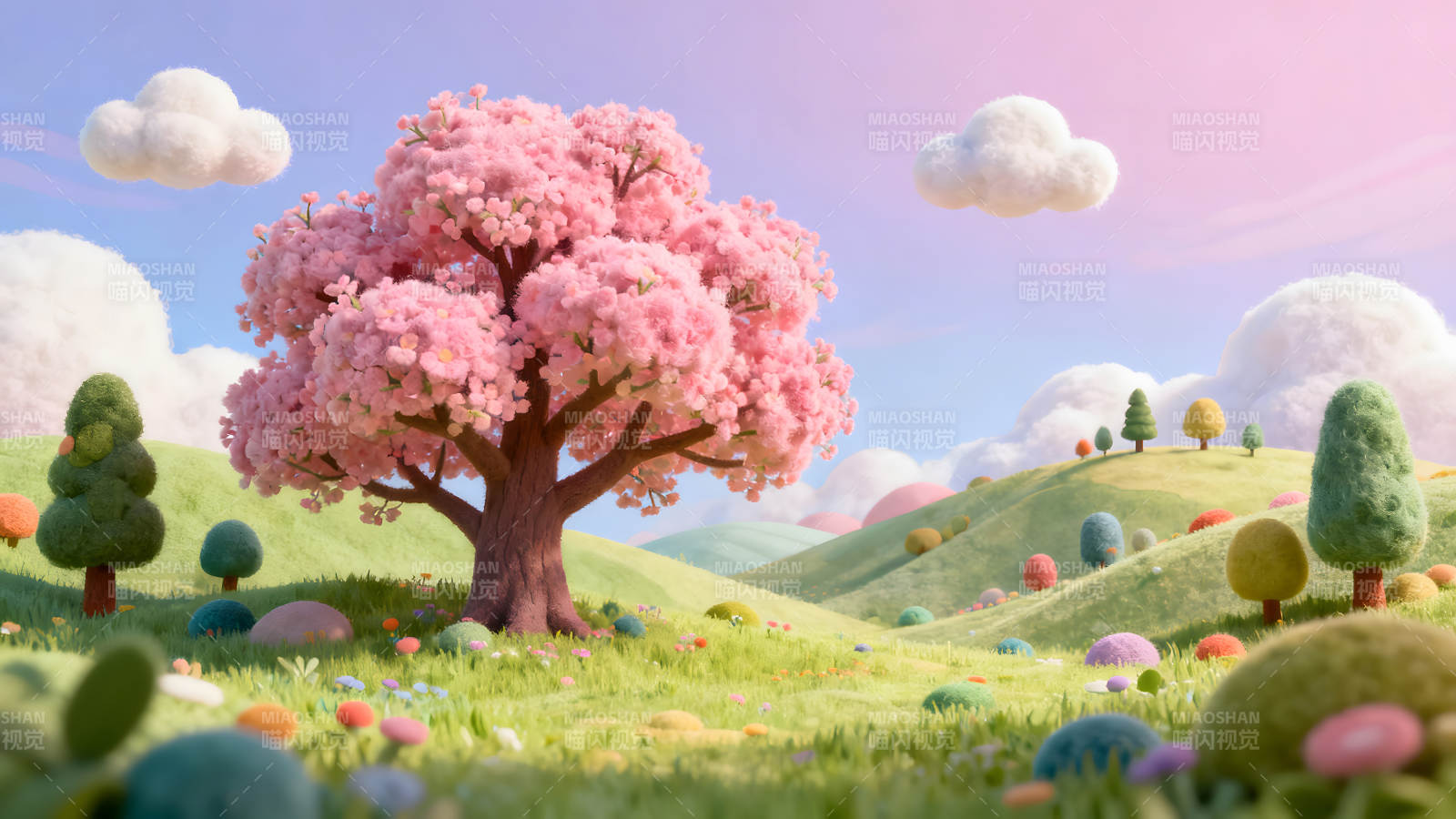 梦幻卡通风景粉色樱花树图片
