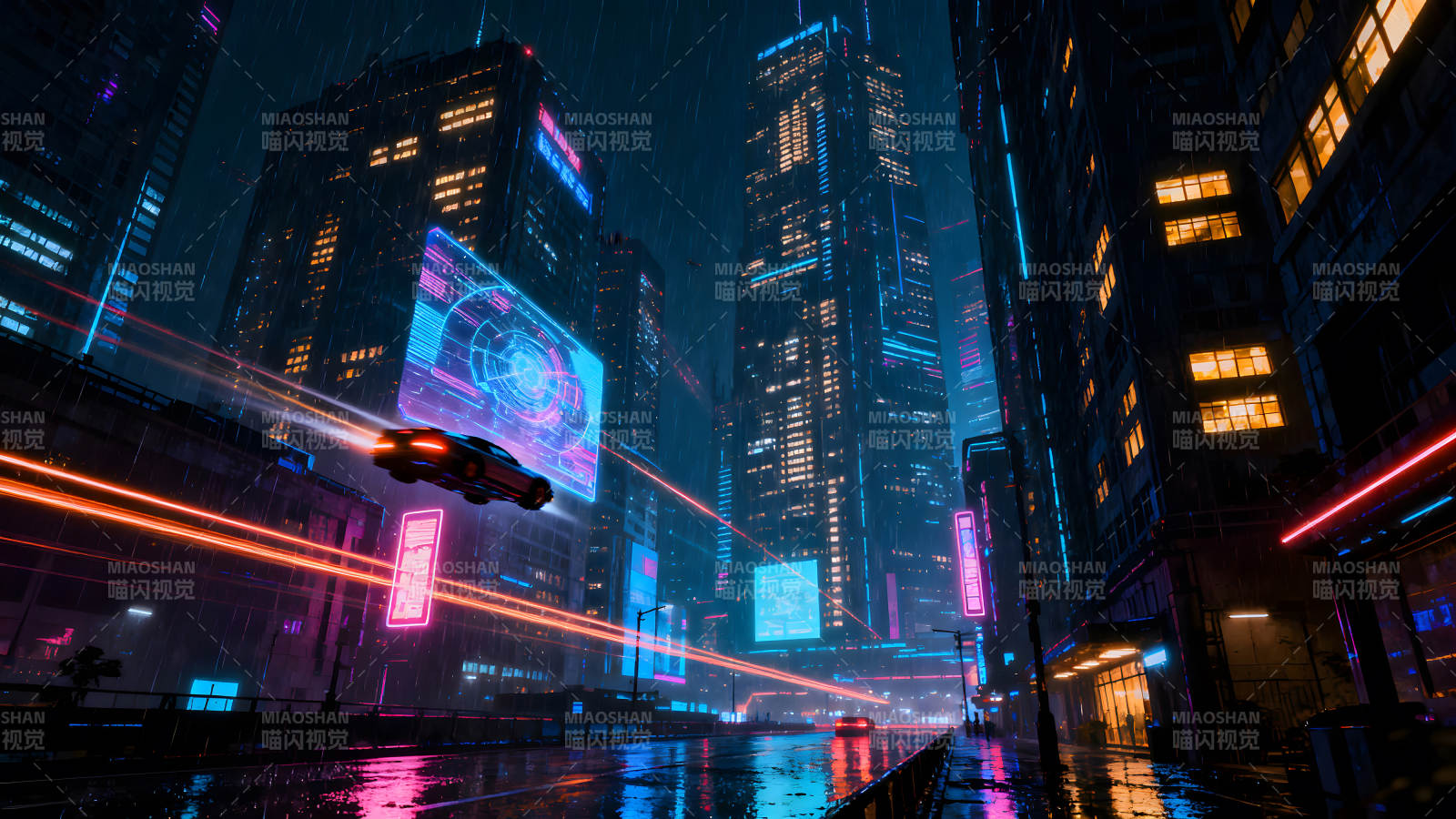 赛博朋克都市雨夜飞车图片