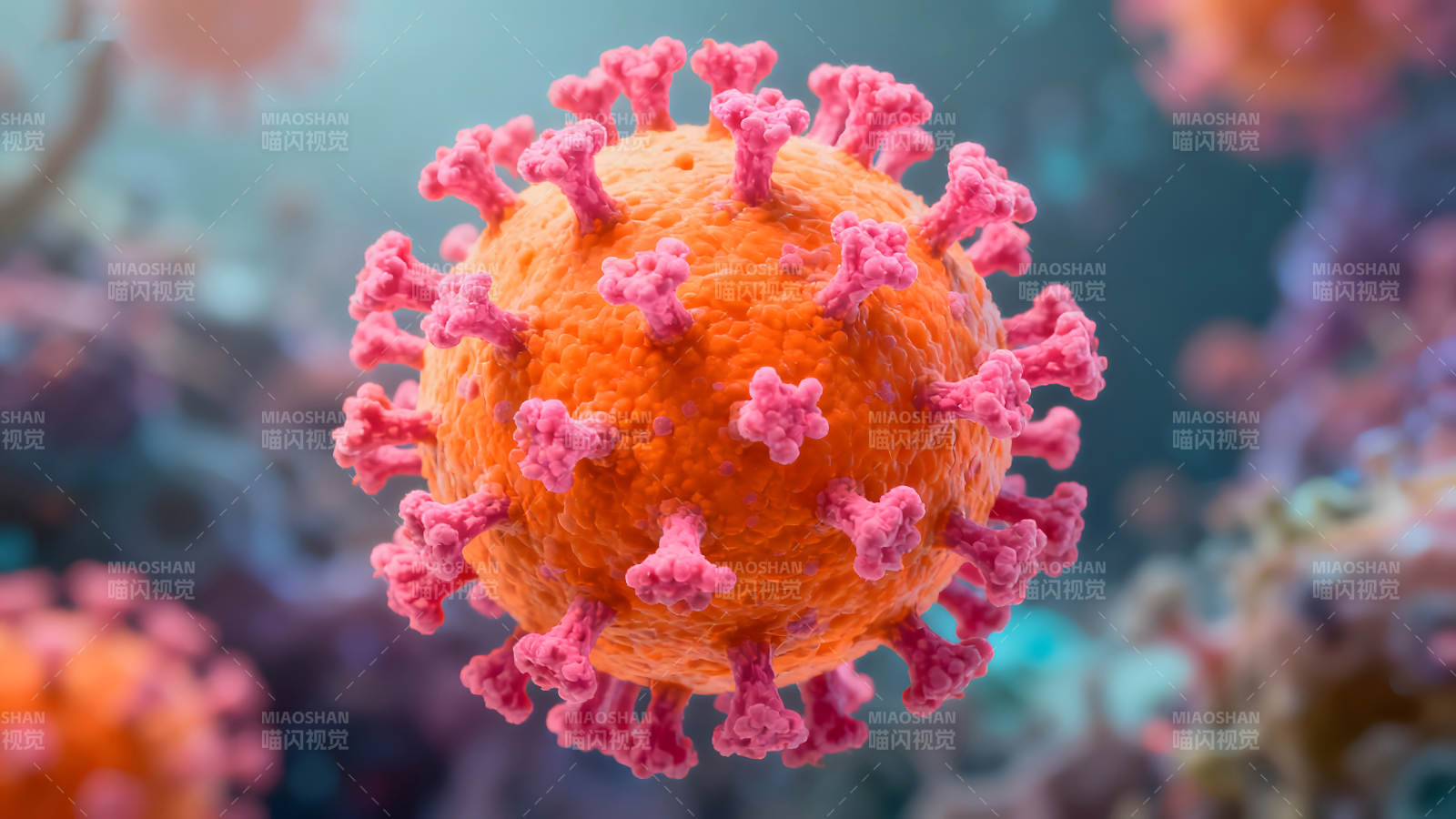 新冠病毒高清图示橙色球体粉色突刺结构图片
