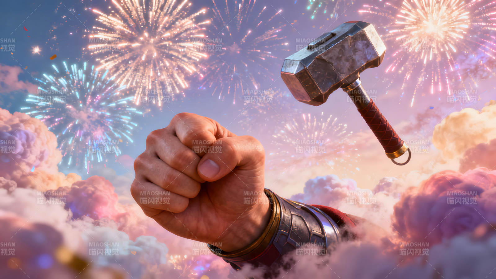 雷神与雷神之锤天空烟花场景图片