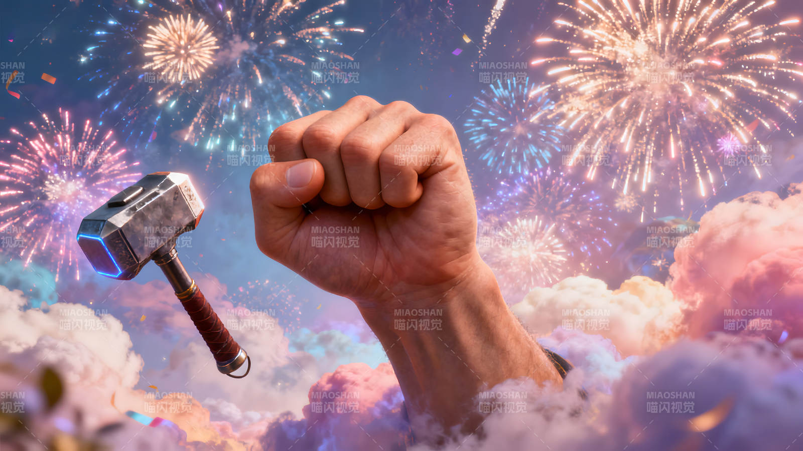 雷神举锤庆祝放烟花图片