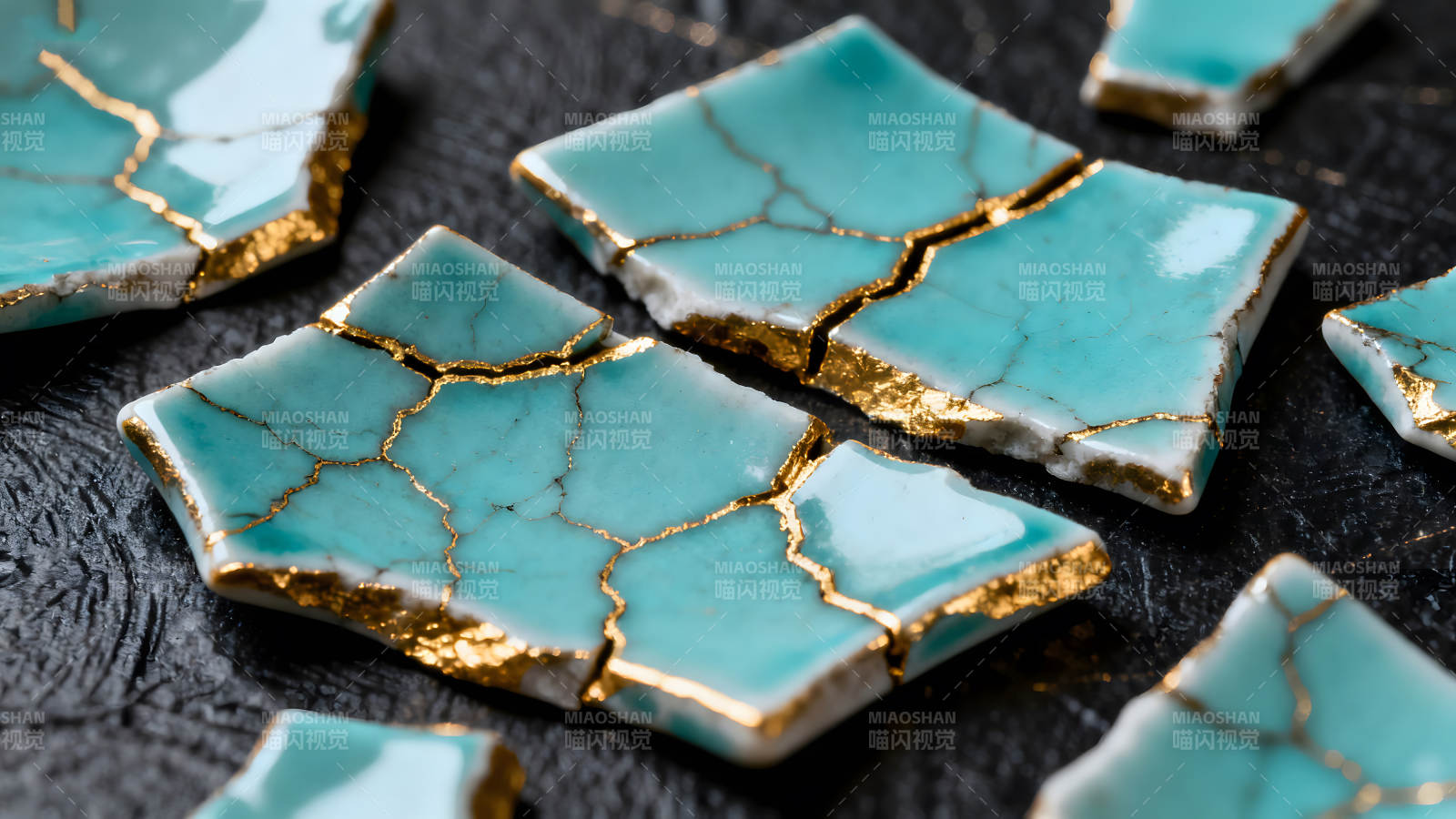 破碎瓷片金色修复艺术图片