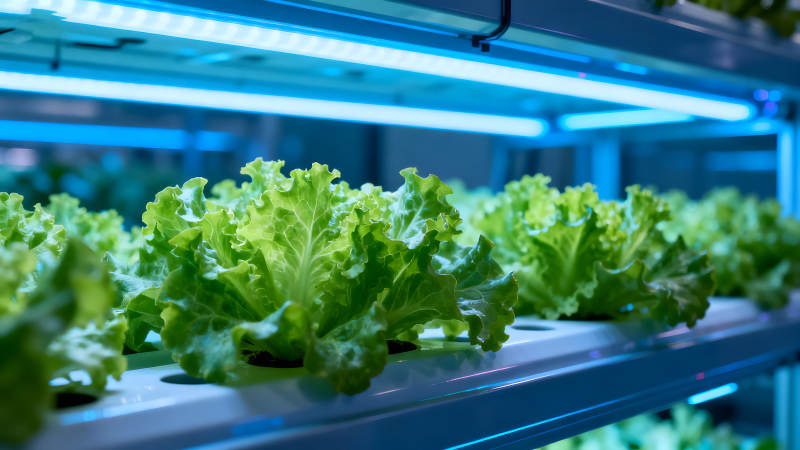 室内蔬菜种植蓝光照射下的生菜图片