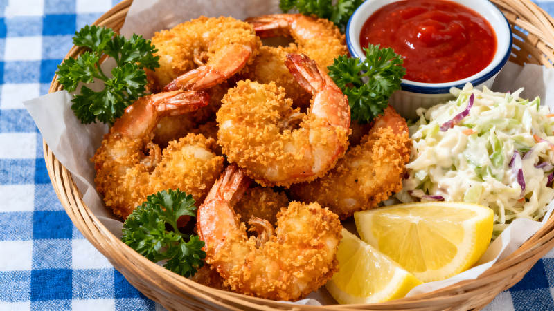 炸虾拼盘配小菜和柠檬图片