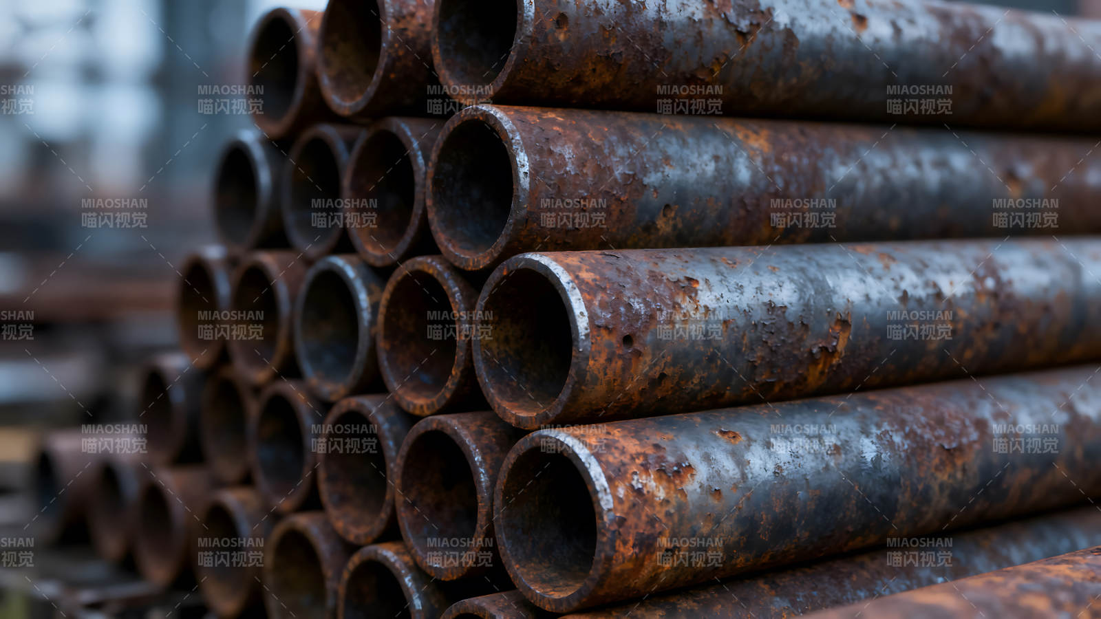 锈迹斑斑的金属管道堆叠图片