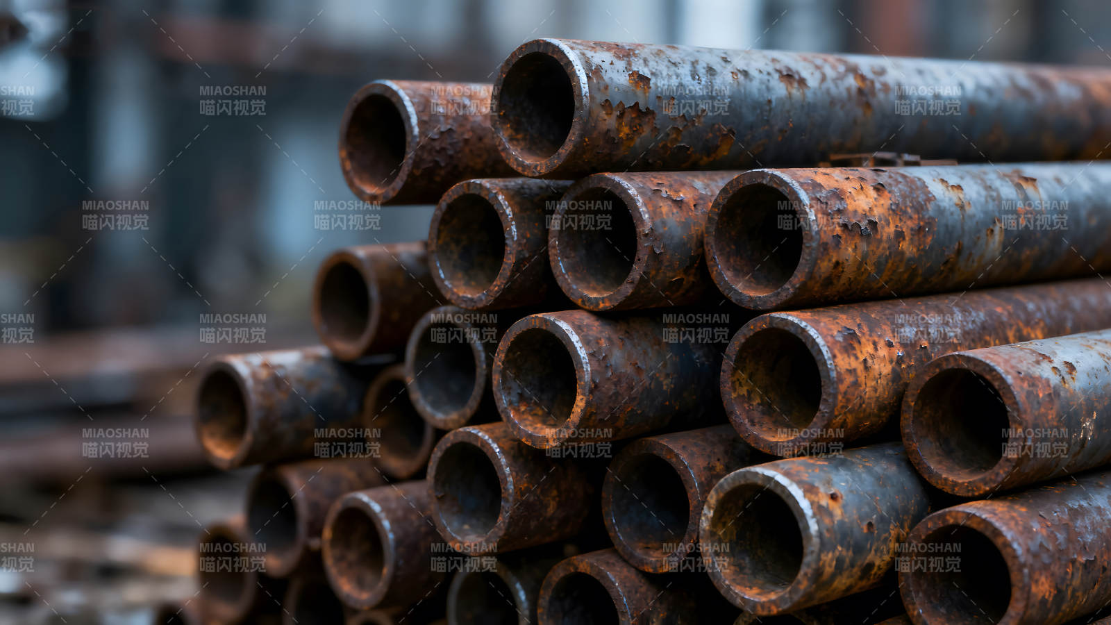 锈蚀钢管堆叠特写镜头图片
