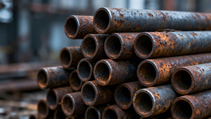 锈蚀钢管堆叠特写镜头图片