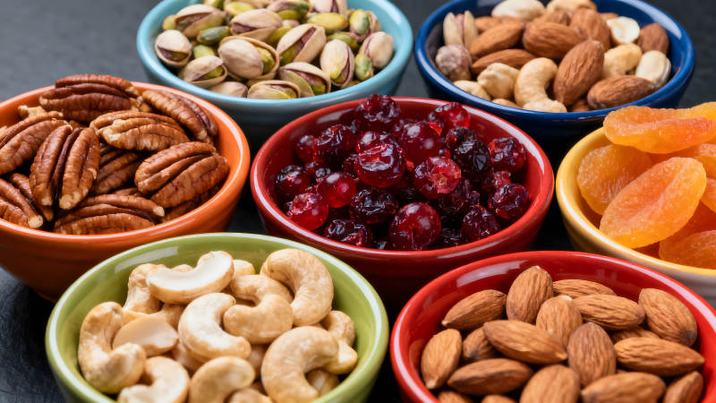 各种坚果和干果的特写图片