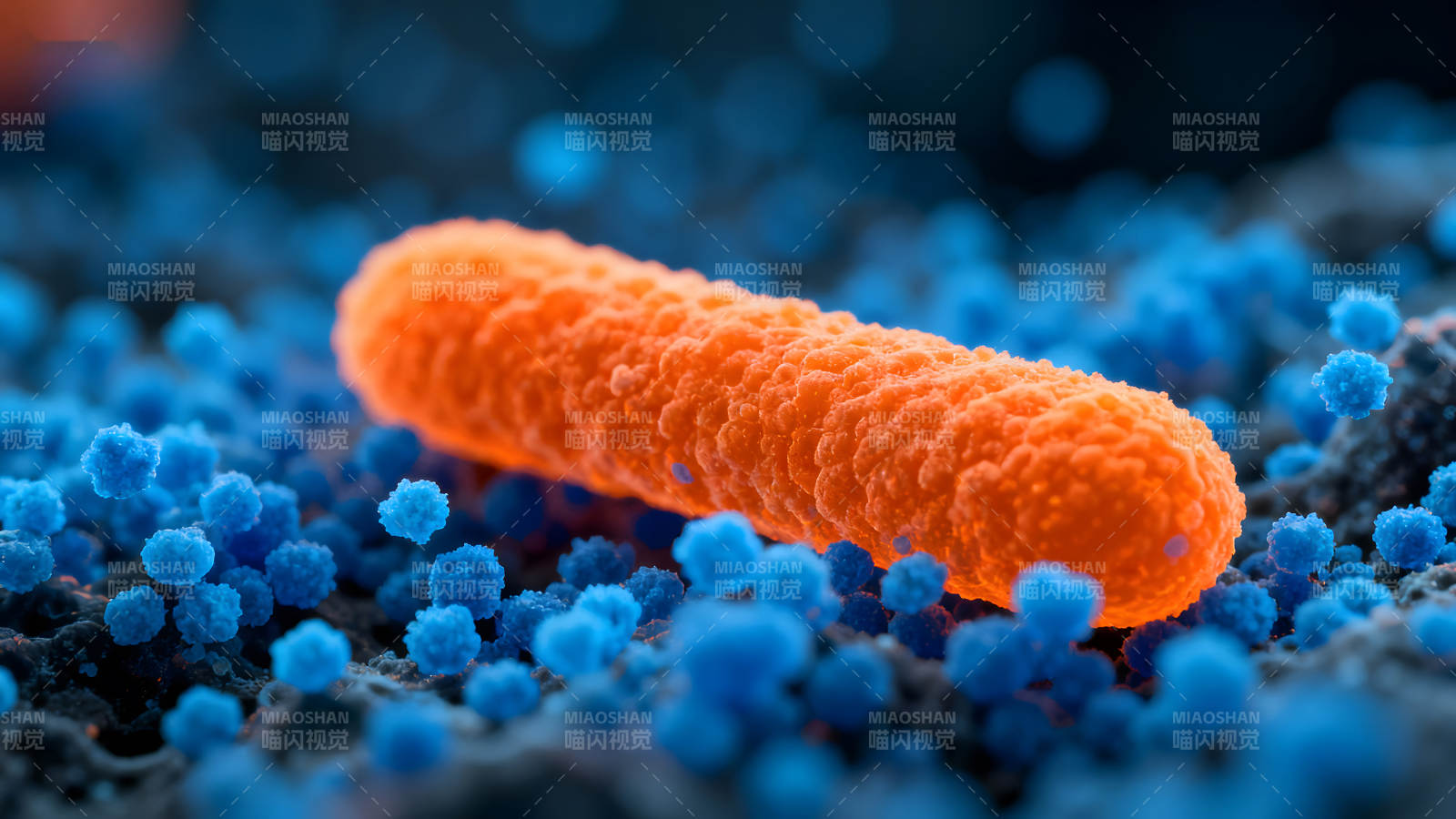 橙色细菌与蓝色微粒的微观景象图片