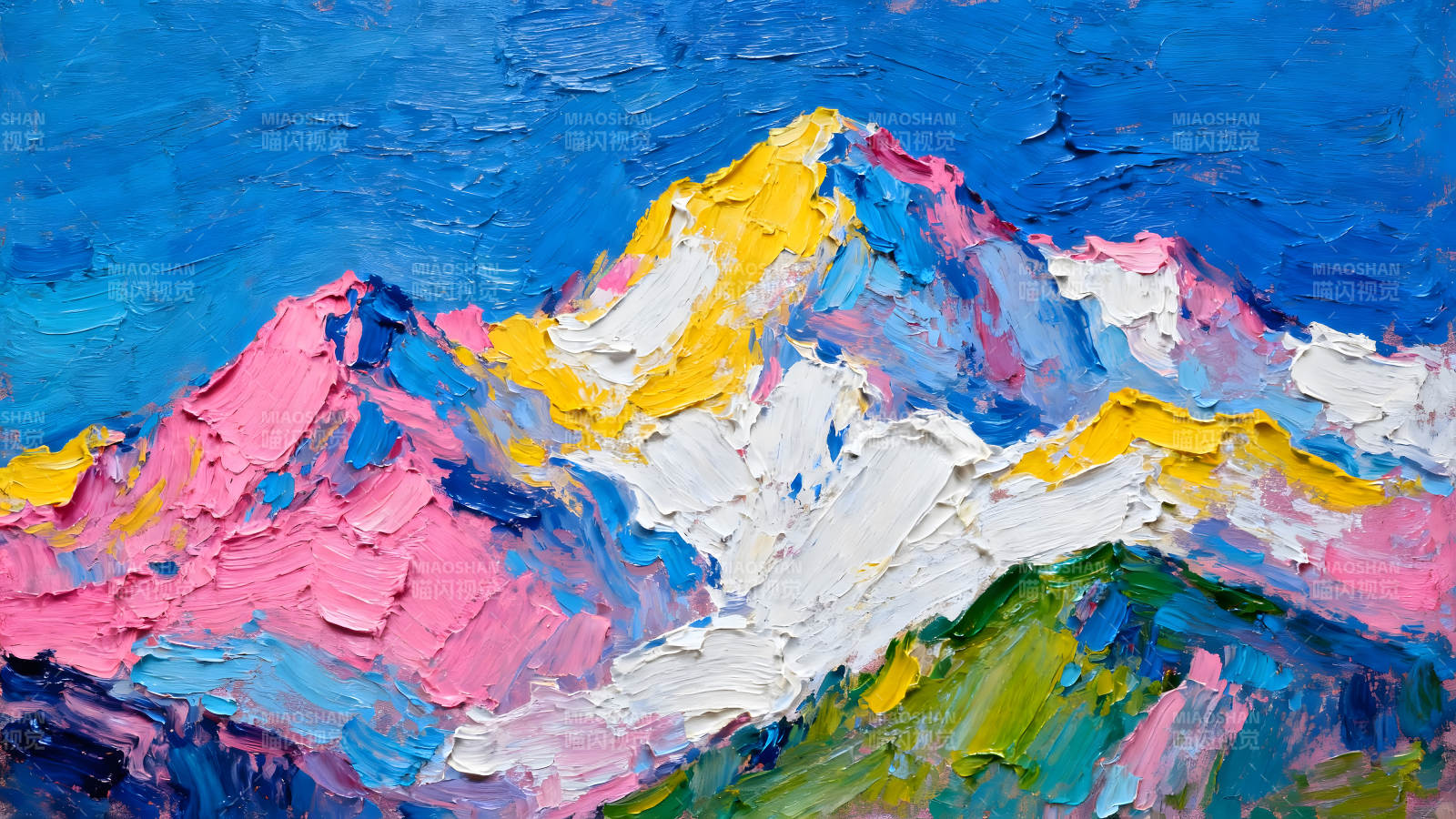 彩色山脉风景油画图片