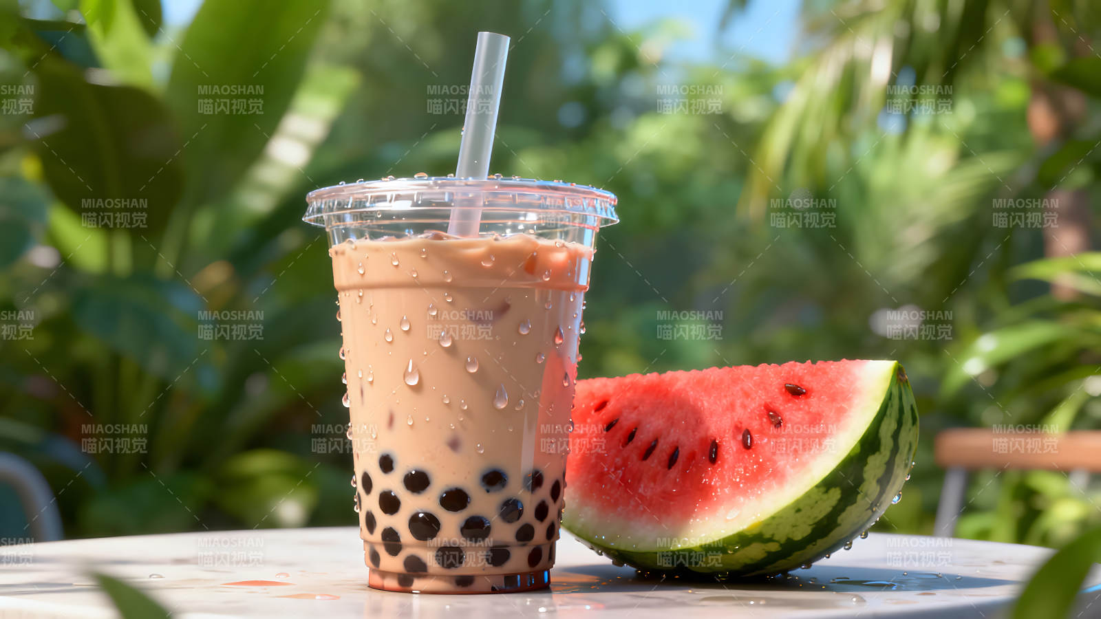 夏日饮品与西瓜特写图片