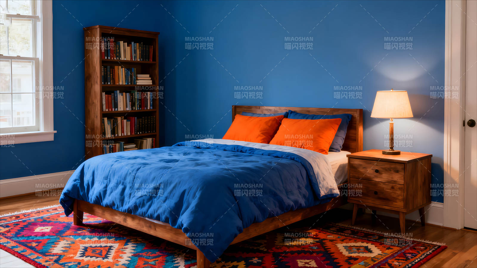 卧室里摆放着床和书籍图片