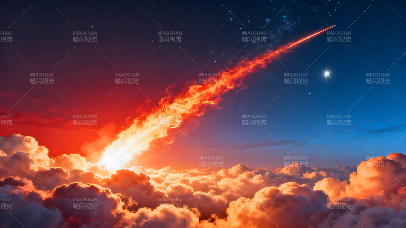 流星划过夜空火光照亮云层图片