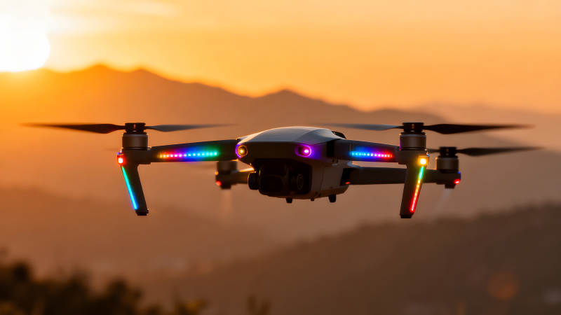 无人机在落日余晖中飞行图片