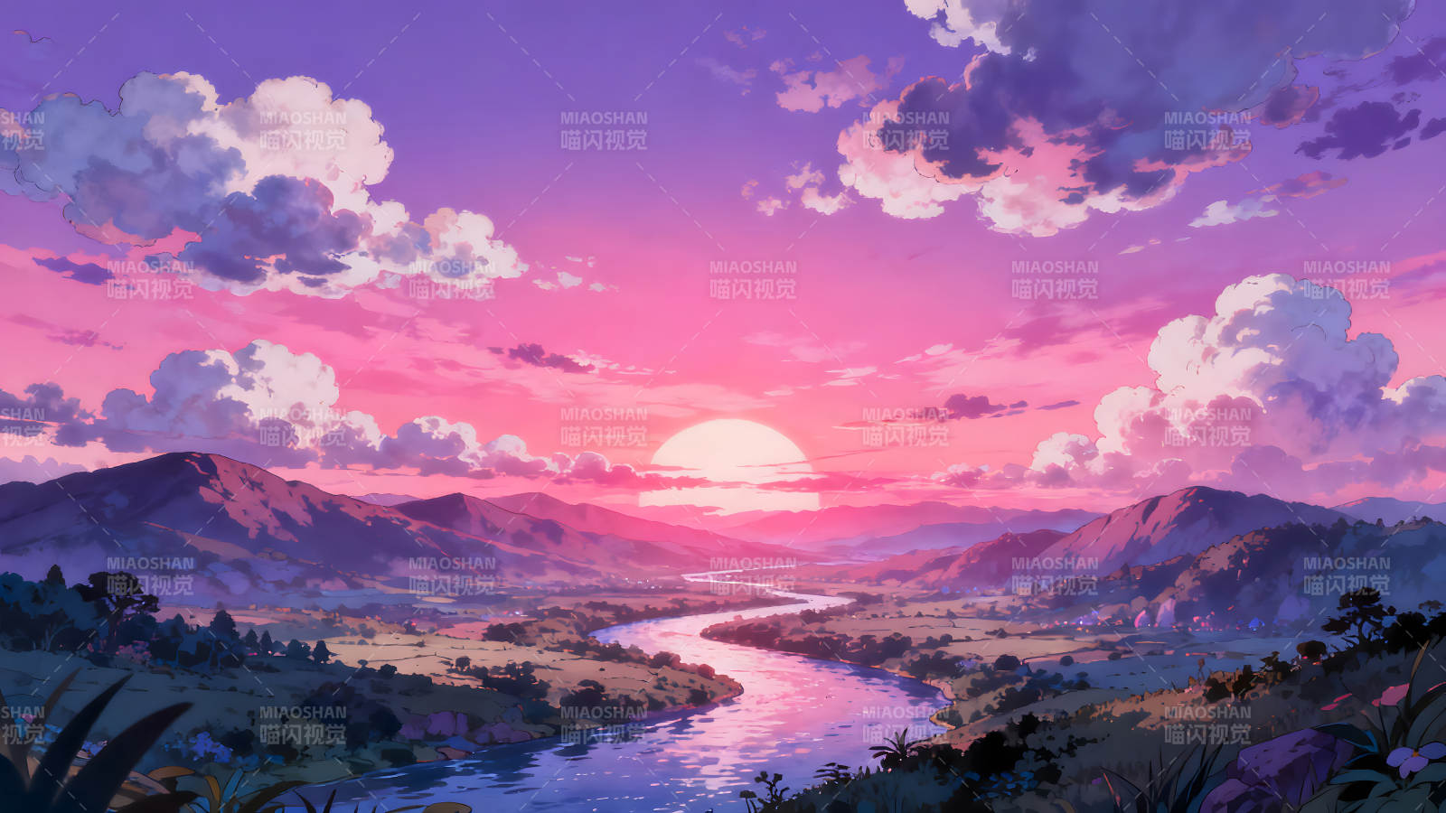 粉色夕阳下的山河美景图片