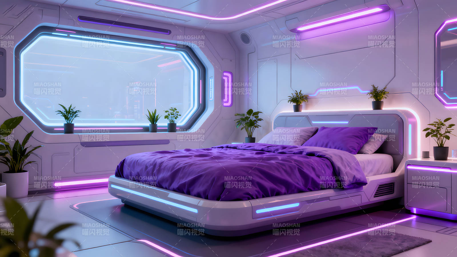 未来科幻卧室紫色梦幻图片