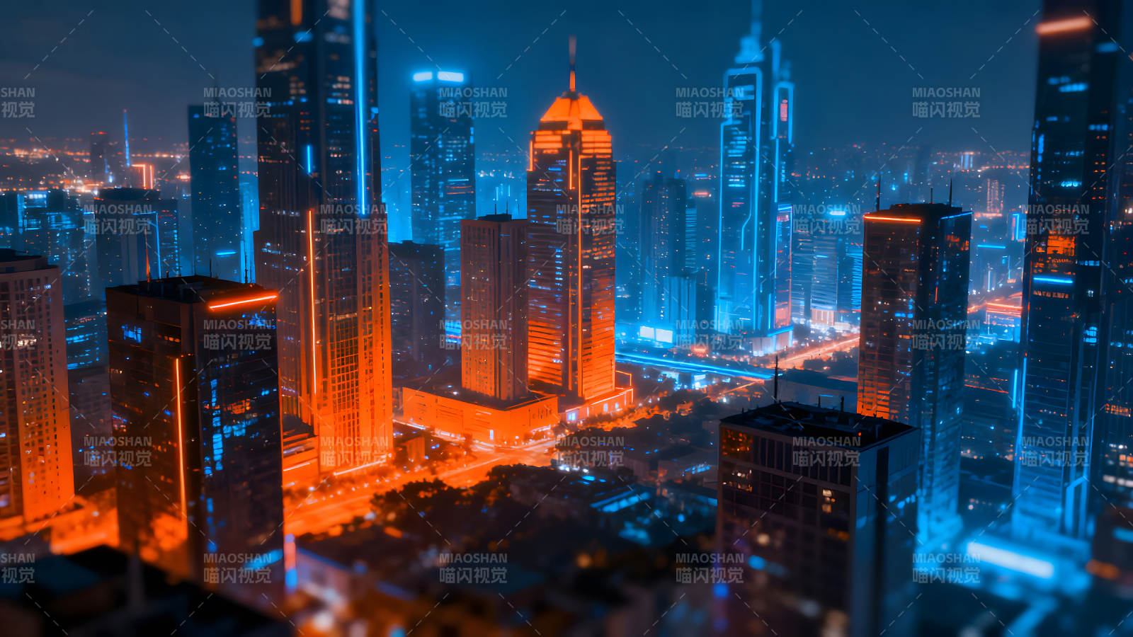 夜幕下霓虹灯闪烁的城市建筑群图片