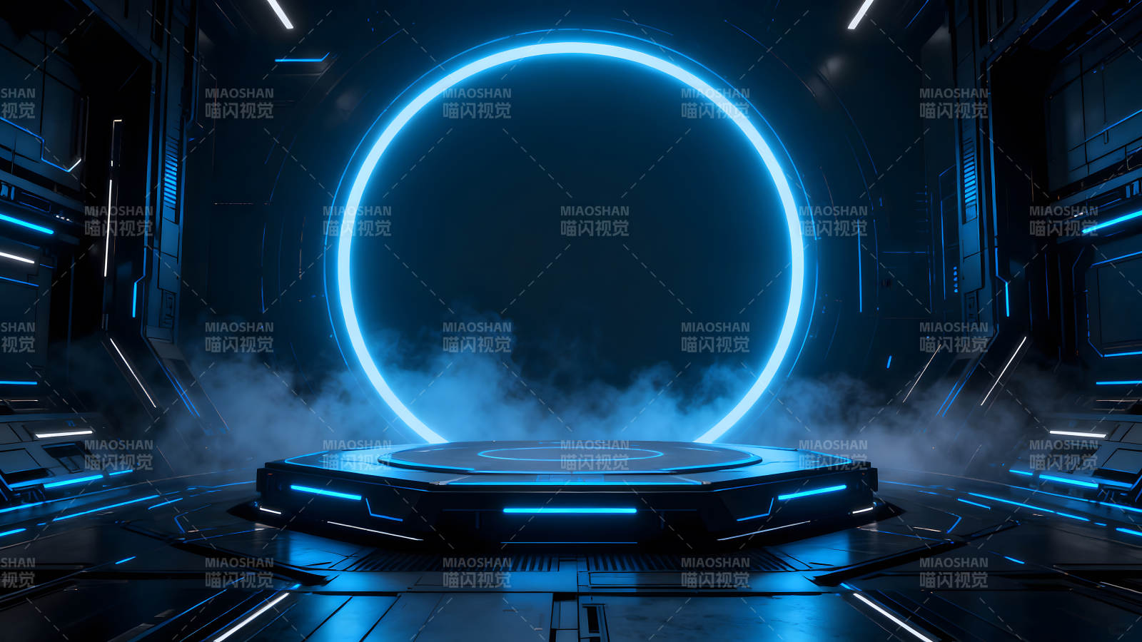 科幻风格的展示平台蓝色光环与烟雾图片