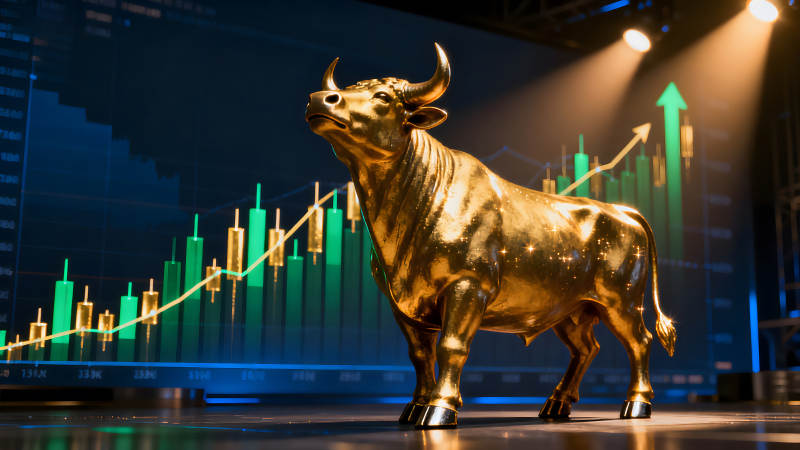 金色公牛与股票图表象征市场上升图片