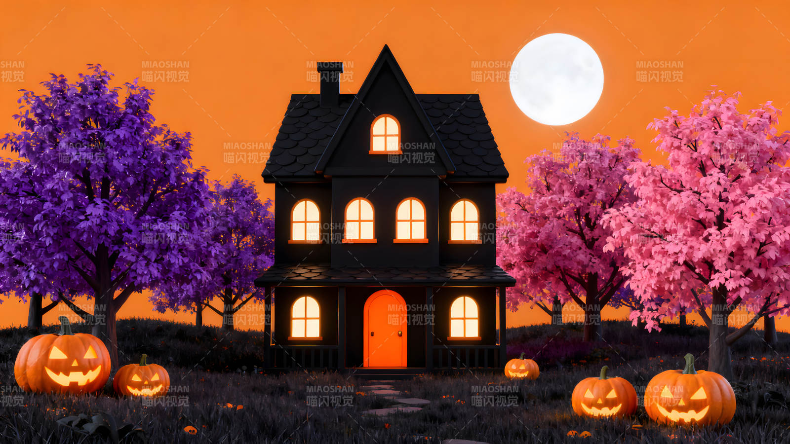 万圣节夜晚的鬼屋场景图片