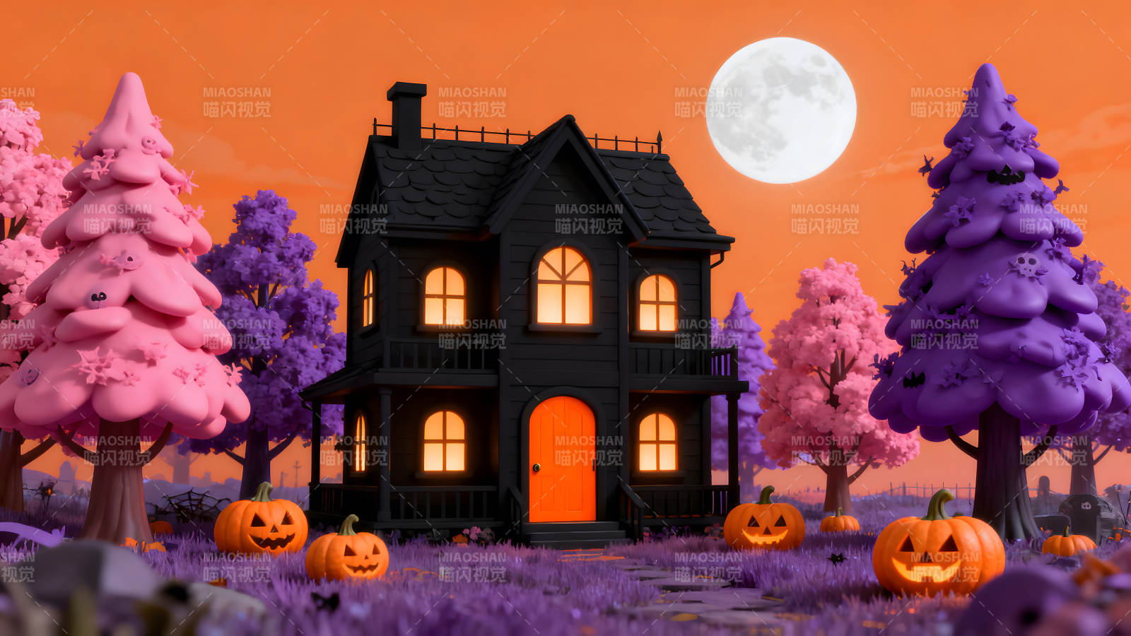万圣节夜晚的卡通风格鬼屋图片
