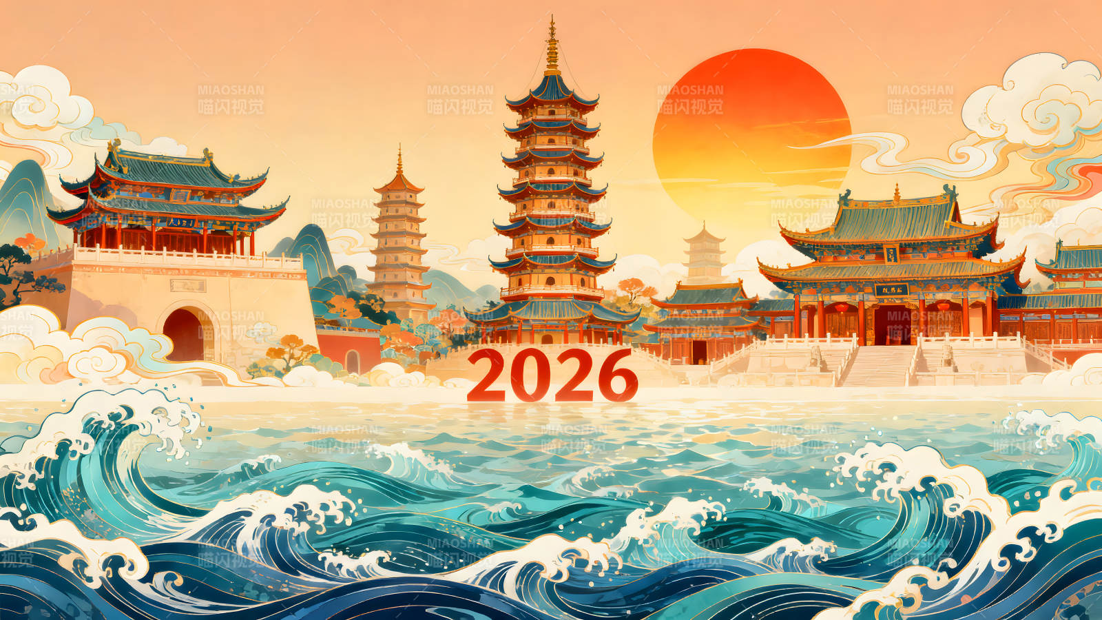 水墨风格的中国风建筑风景图图片