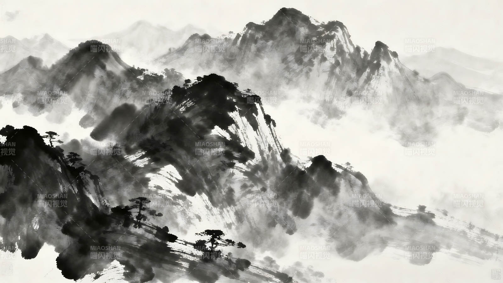 水墨山水画峰峦叠嶂云雾缭绕图片